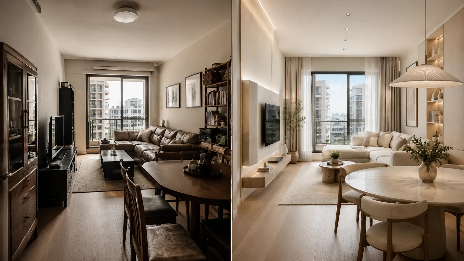 Before and after interior design transformation of a small apartment