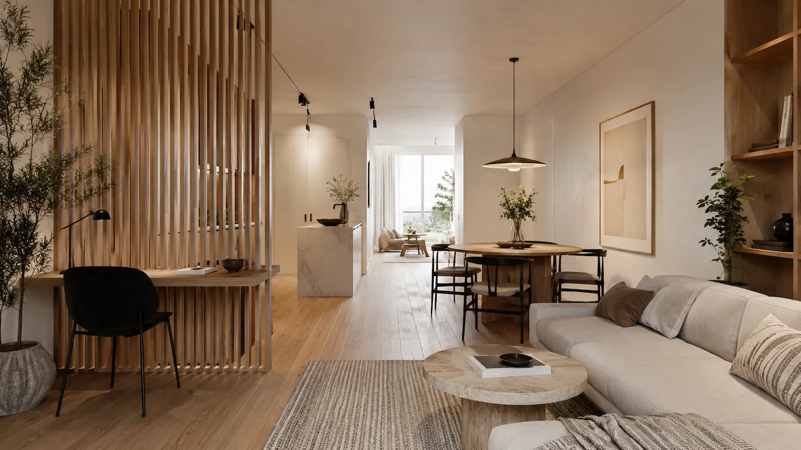 Open-plan small apartment divided into living dining and working zones