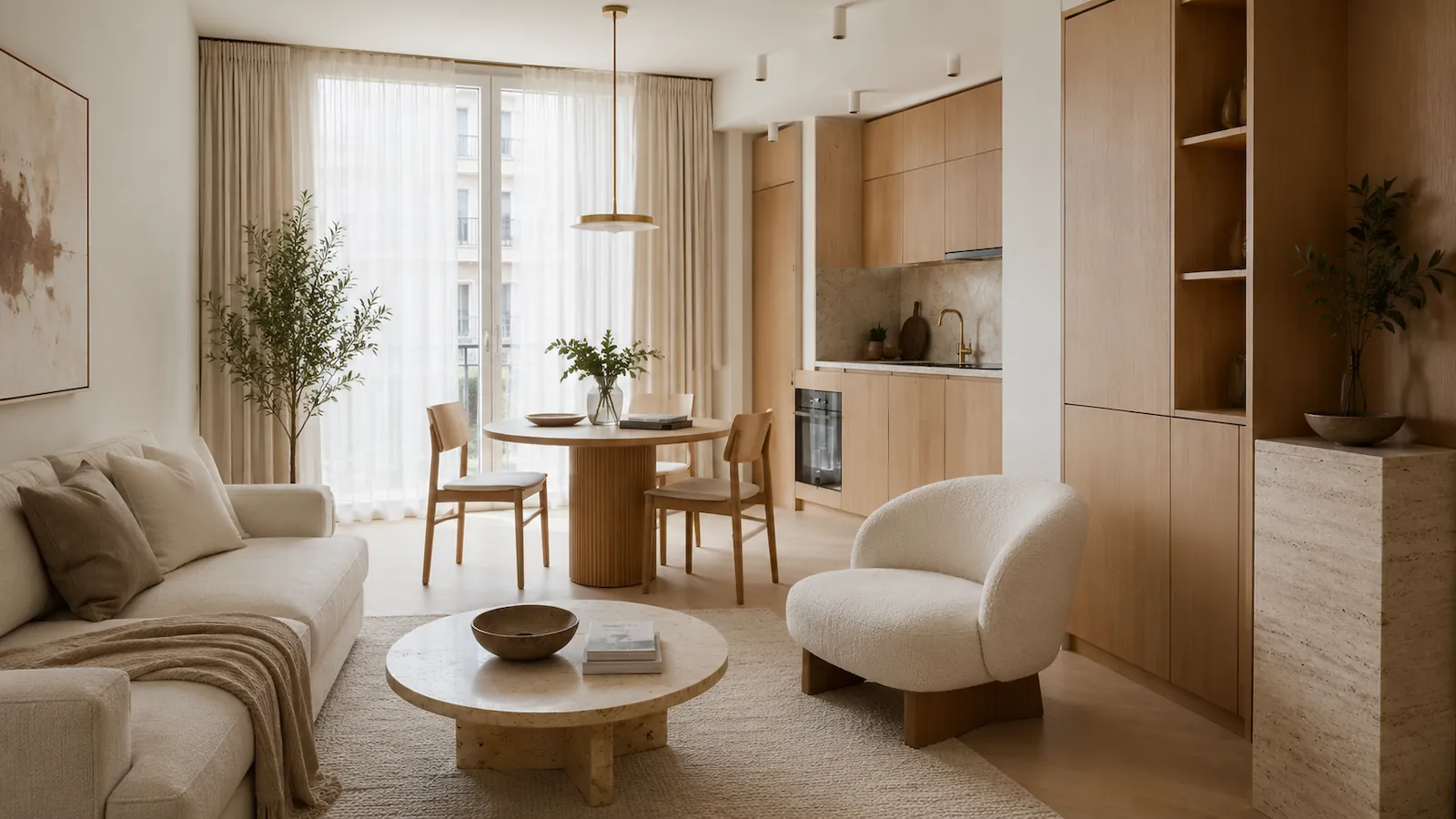 Warm small apartment interior with space-saving furniture and natural light