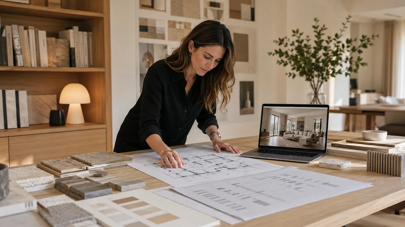 Interior designer reviewing an apartment renovation timeline and material samples