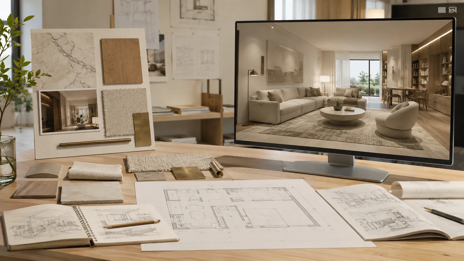 Interior design mood board beside a photorealistic apartment rendering