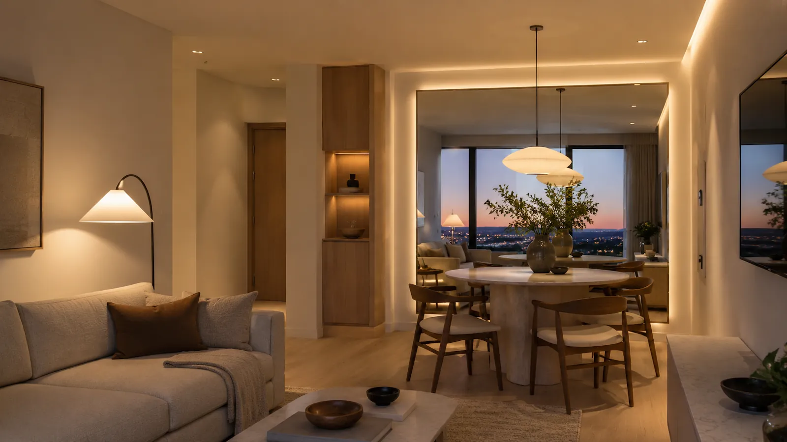 Small apartment using mirrors and layered lighting to create depth