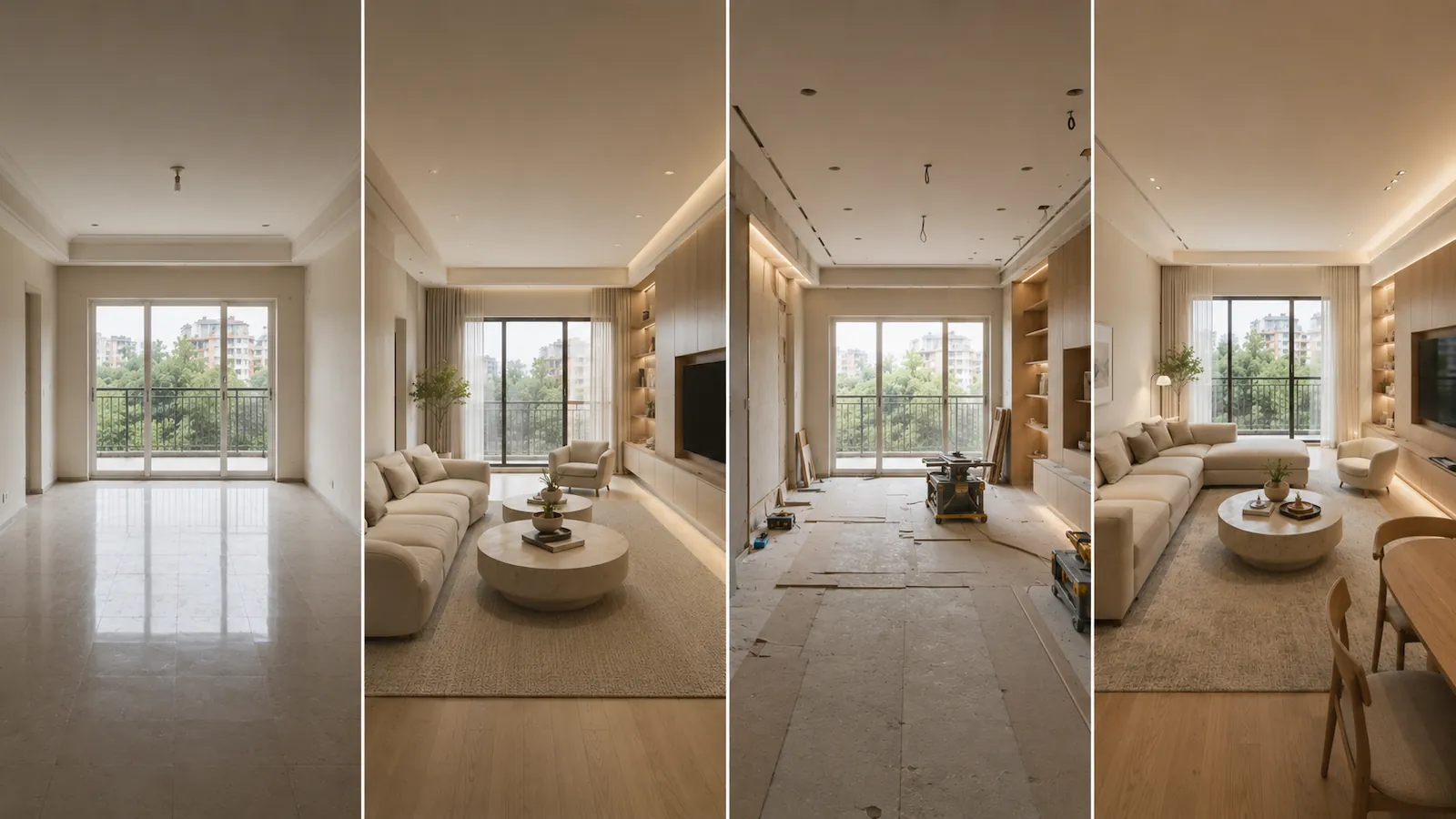 Completed apartment interior shown beside its design and renovation timeline
