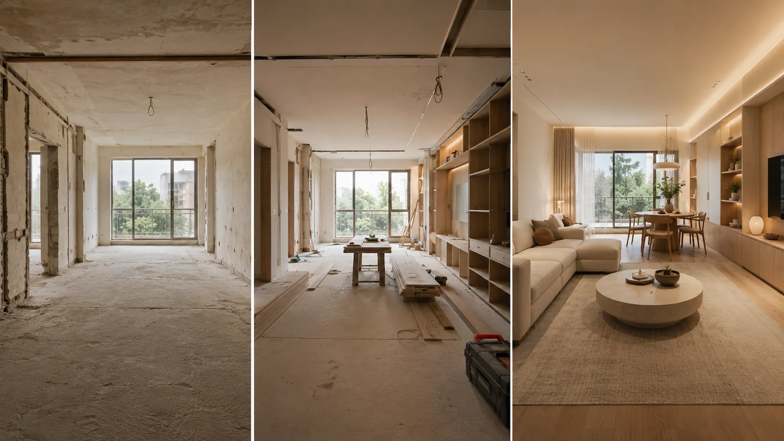 Apartment renovation progressing from construction to finished interior