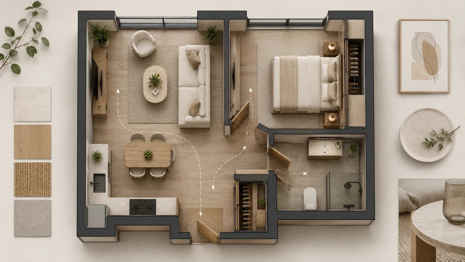 Small apartment floor plan showing clear circulation and furniture zones