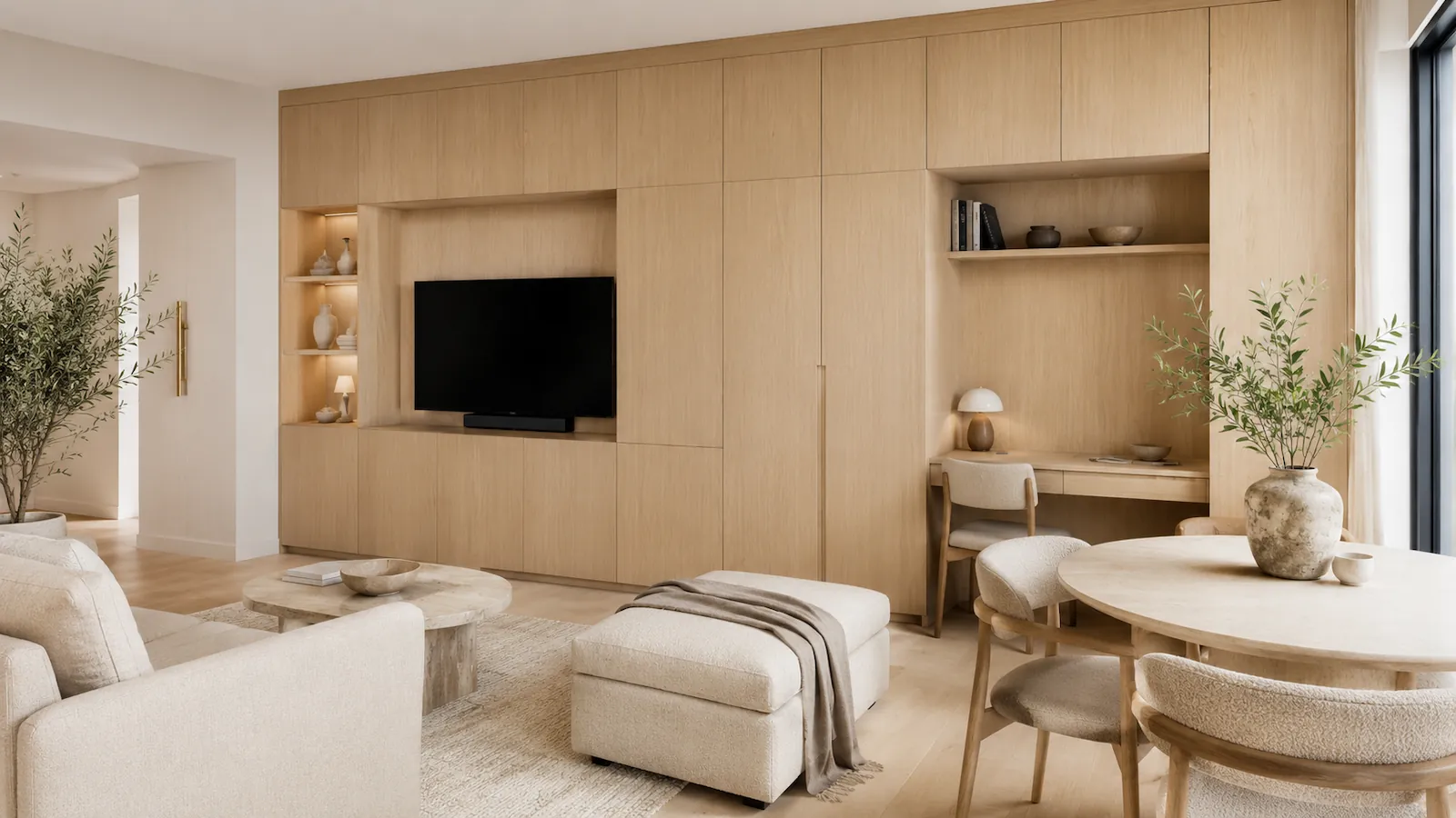 Small apartment with full-height concealed storage and multifunctional furniture