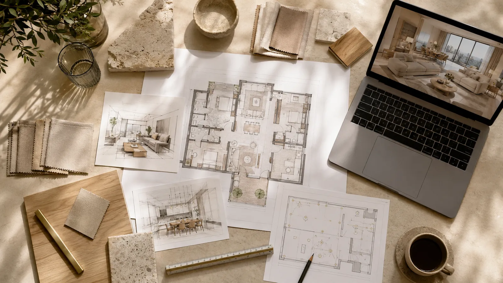 Floor plans, furniture layouts and materials for a Dubai apartment